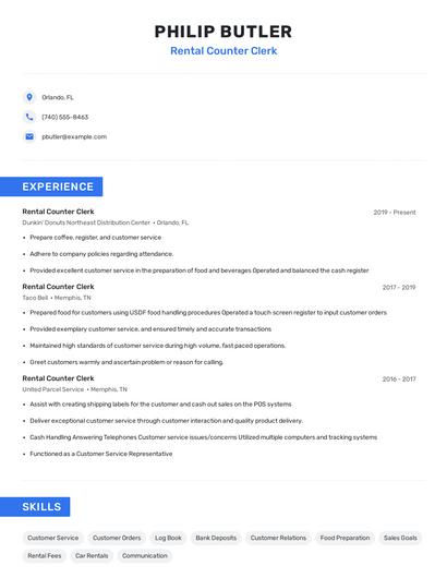 Rental Counter Clerk Resume
