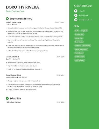 Rental Counter Clerk Resume