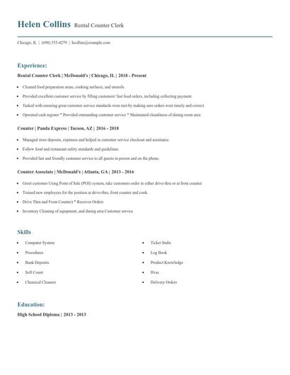 Rental Counter Clerk Resume