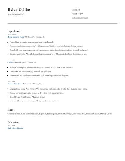 Rental Counter Clerk Resume