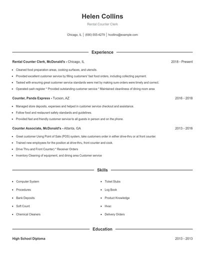 Rental Counter Clerk Resume