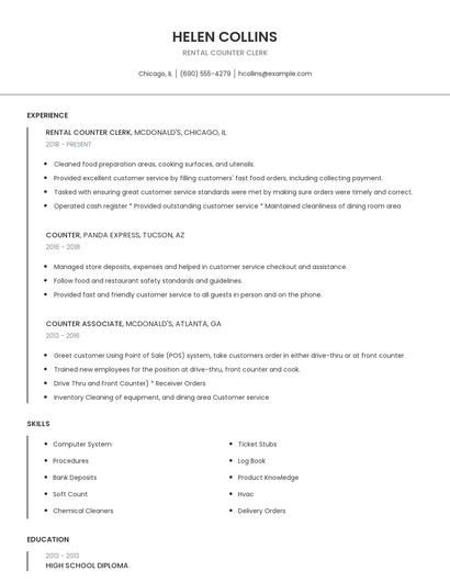 Rental Counter Clerk Resume