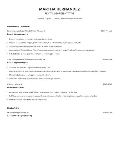 Rental Representative Resume