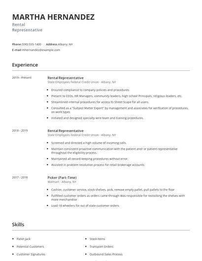 Rental Representative Resume