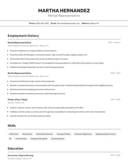 Rental Representative Resume