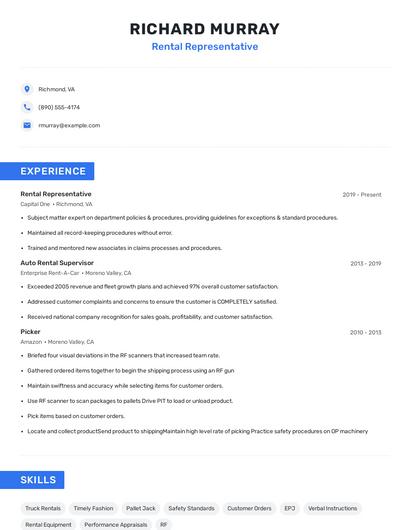 Rental Representative Resume