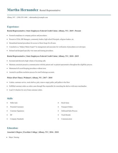 Rental Representative Resume