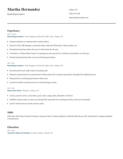Rental Representative Resume