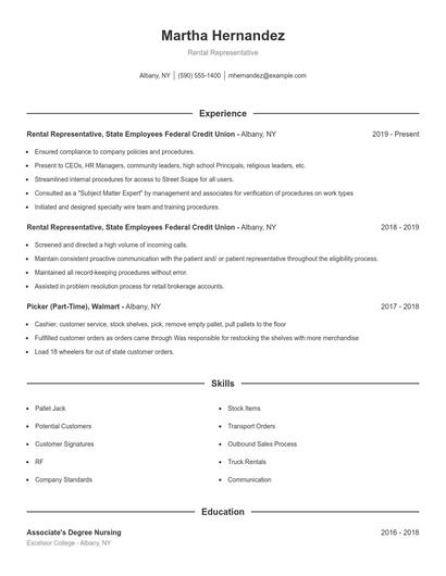 Rental Representative Resume