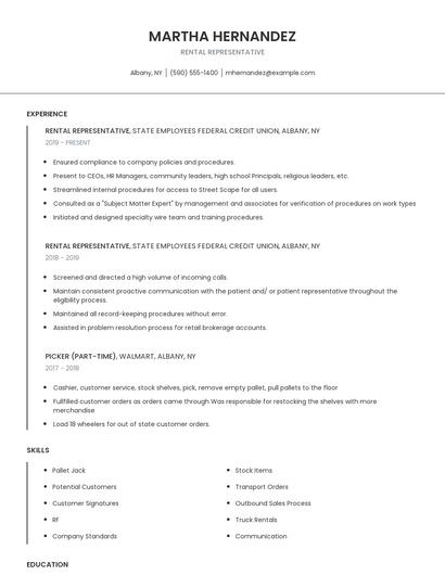 Rental Representative Resume