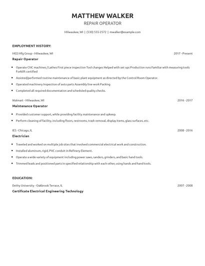 Repair Operator Resume