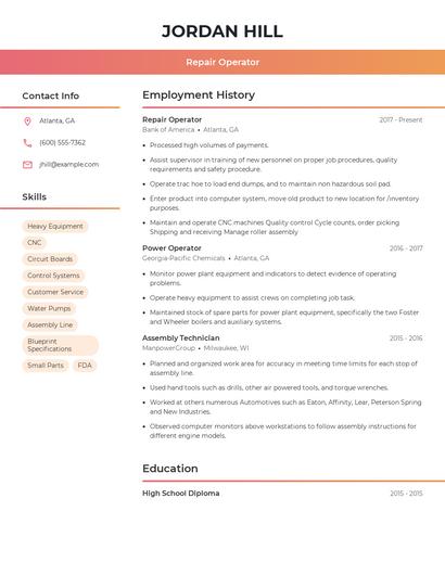 Repair Operator Resume