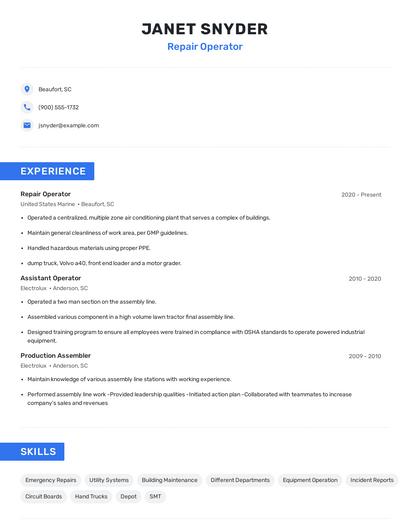 Repair Operator Resume