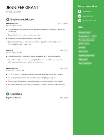 Repair Operator Resume
