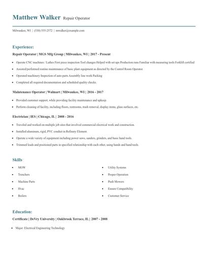 Repair Operator Resume