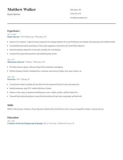 Repair Operator Resume