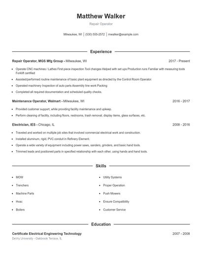 Repair Operator Resume
