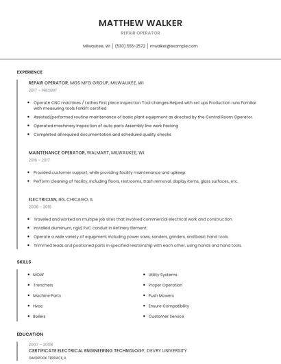 Repair Operator Resume