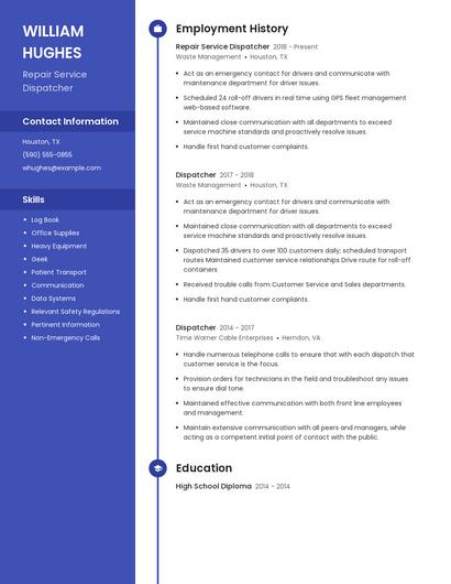 Repair Service Dispatcher Resume