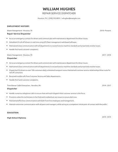 Repair Service Dispatcher Resume