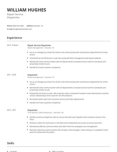 Repair Service Dispatcher Resume