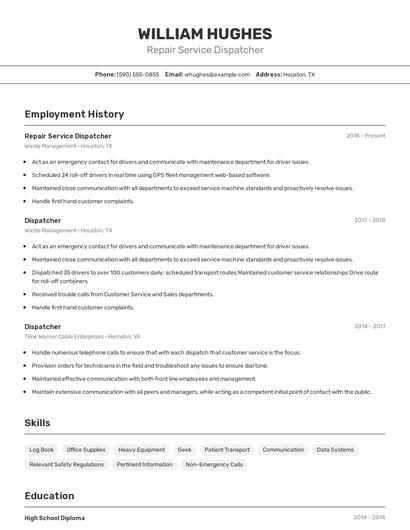 Repair Service Dispatcher Resume