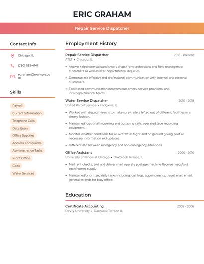 Repair Service Dispatcher Resume