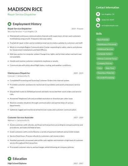 Repair Service Dispatcher Resume