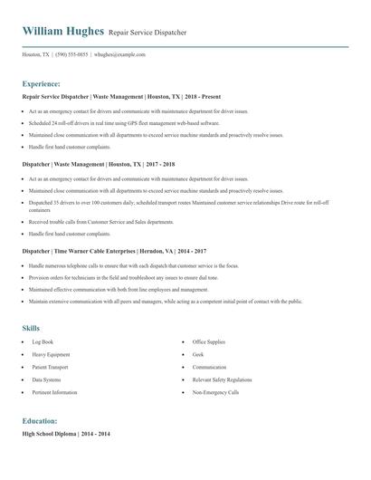 Repair Service Dispatcher Resume