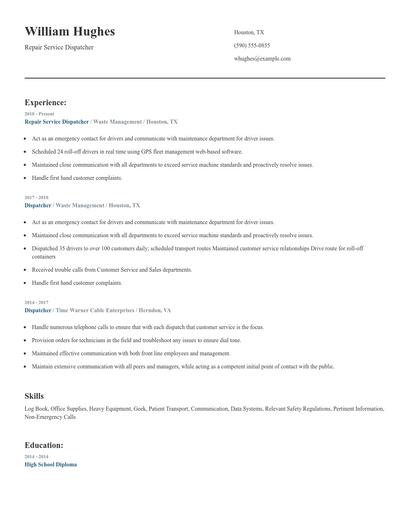 Repair Service Dispatcher Resume