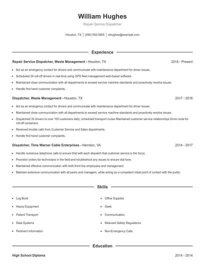 Repair Service Dispatcher Resume