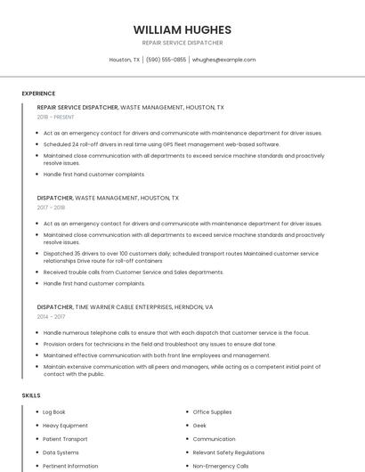 Repair Service Dispatcher Resume