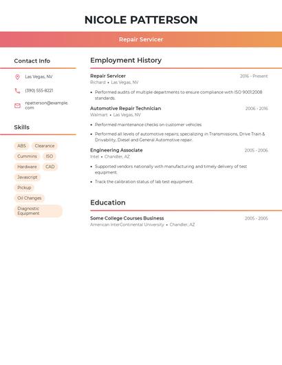 Repair Servicer Resume