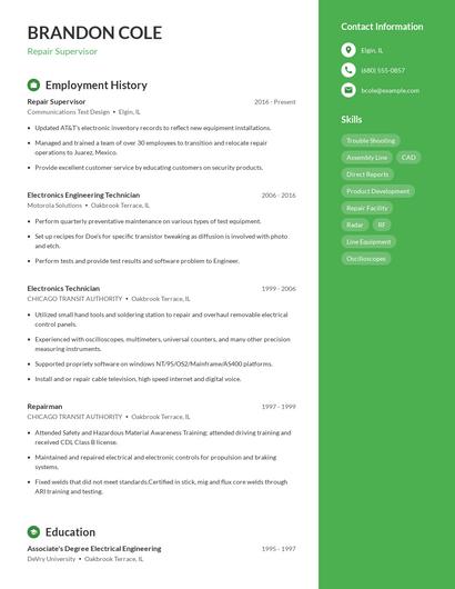 Repair Supervisor Resume