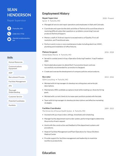 Repair Supervisor Resume