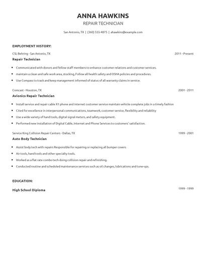 Repair Technician Resume