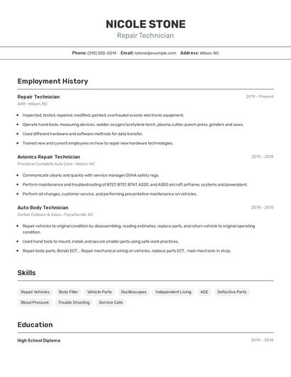 Repair Technician Resume
