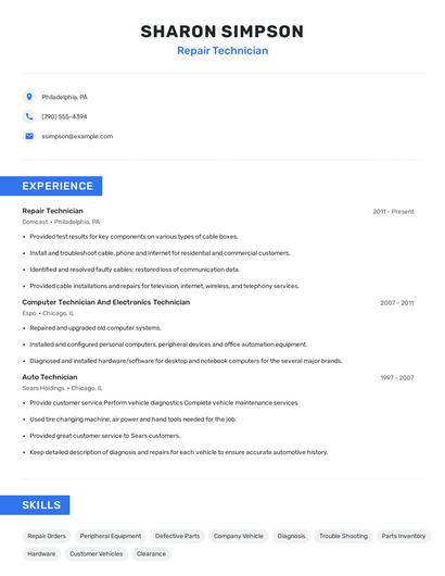 Repair Technician Resume