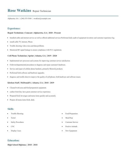 Repair Technician Resume