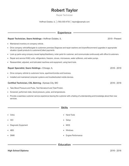 Repair Technician Resume