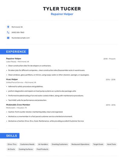 Repairer Helper Resume