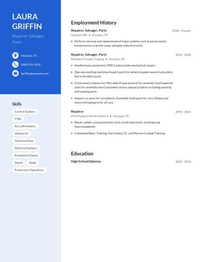 Repairer, Salvager, Parts Resume