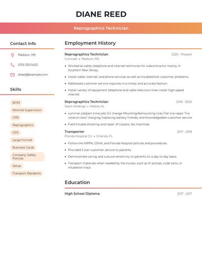 Reprographics Technician Resume