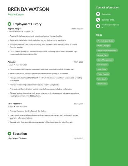 Reptile Keeper Resume