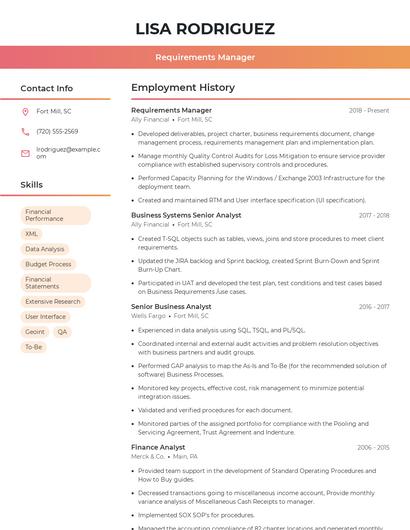 Requirements Manager Resume