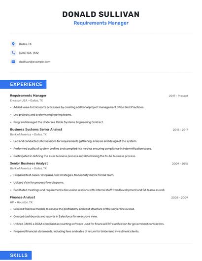 Requirements Manager Resume