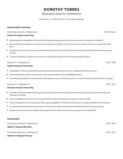 Research Analyst Internship Resume