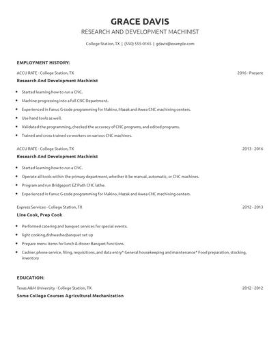 Research And Development Machinist Resume