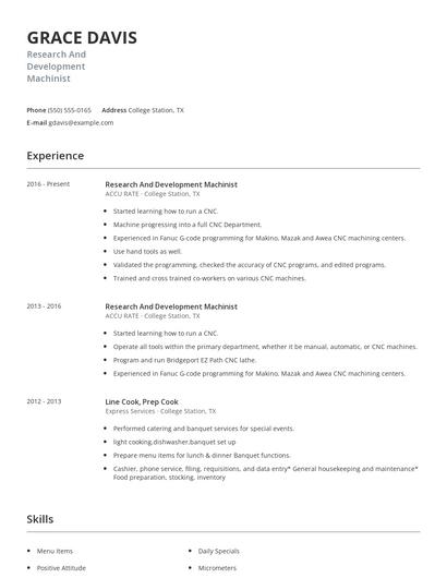 Research And Development Machinist Resume