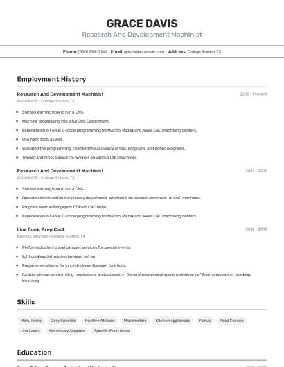 Research And Development Machinist Resume